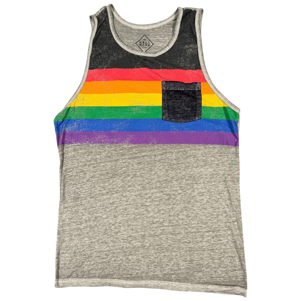 Well Worn Rainbow Stripe Tank Top Mens Medium Gray Pocket Pride Graphic